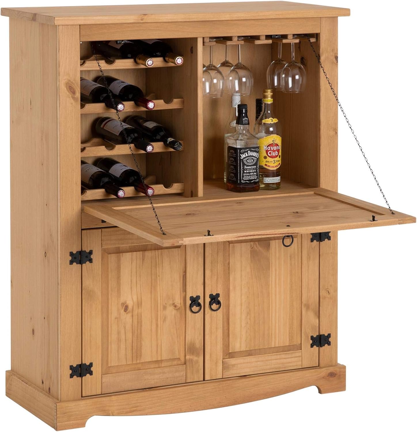 IDIMEX Meuble Bar à vin Tequila Armoire comptoir avec Range Bouteilles vin spiritueux et Range Verres, bahut de Style Mexicain en pin Massif Finition teintée/cirée