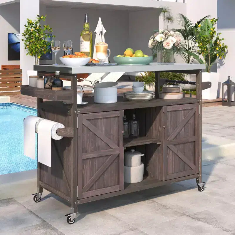 Outdoor Kitchen Island with Stainless Steel Top, Wooden Kitchen Cart with Doors, Shelves and Spice Rack, Rolling Kitchen Island – Image 4