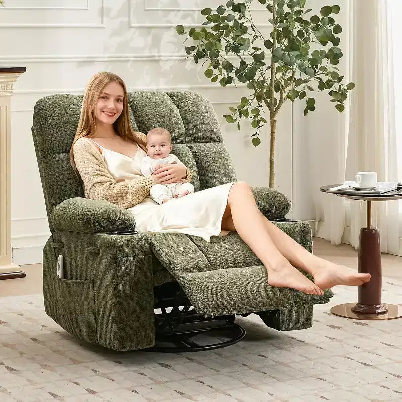 Oversized Recliner Chair for Adults, Manual Swivel Rocker Sofa, Side Pockets & Cup Holders for Big and Tall Persons, Living Room – Image 26