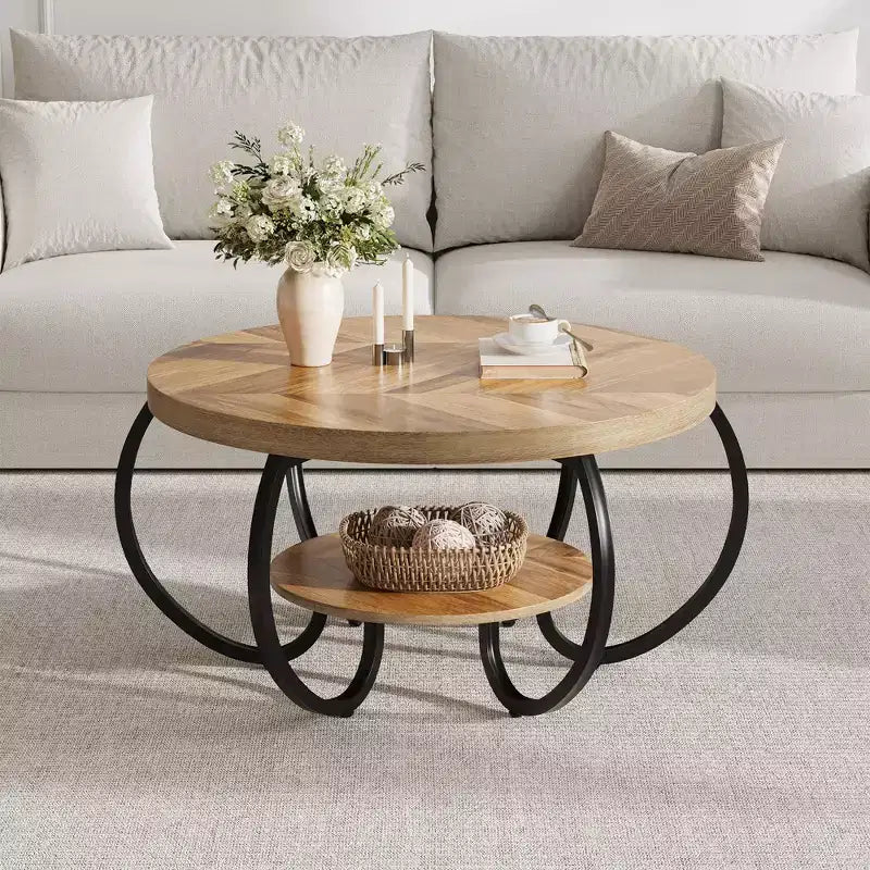 30 Inch Round Industrial Coffee Table 2-Tier with Adjustable Feet Wood Grain Shelf Flame Design Easy Assembly Living Room – Image 13