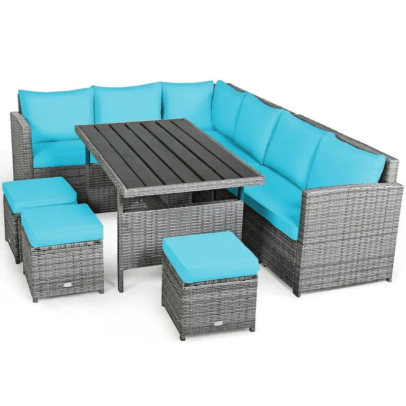 7 Pcs All-Weather Patio Rattan Dining Furniture Sectional Sofa Set with Wicker Ottoman and Cushed Couch – Image 21