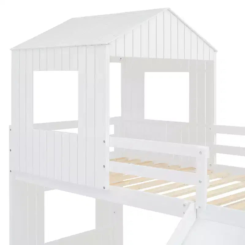 Luxystar Twin Over Full Wood Bunk Bed with Playhouse, Slide and Guardrails – Image 2