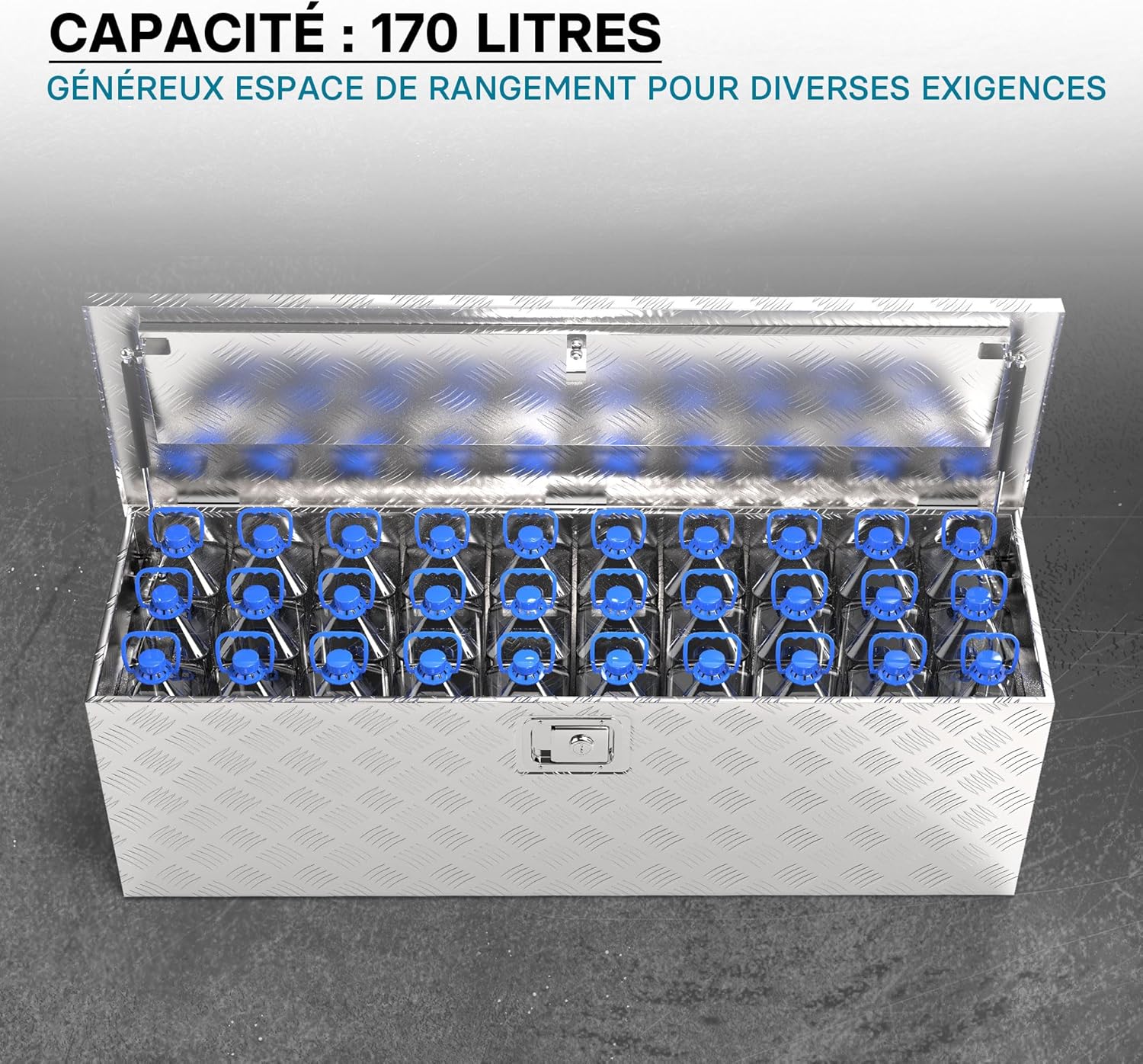 Wiltec Caisse à outils en aluminium - 124 x 37 x 38 cm - 170 litres - Boîte à outils alu ondulé - Vérins à gaz, poignées - Transport Rangement – Image 6