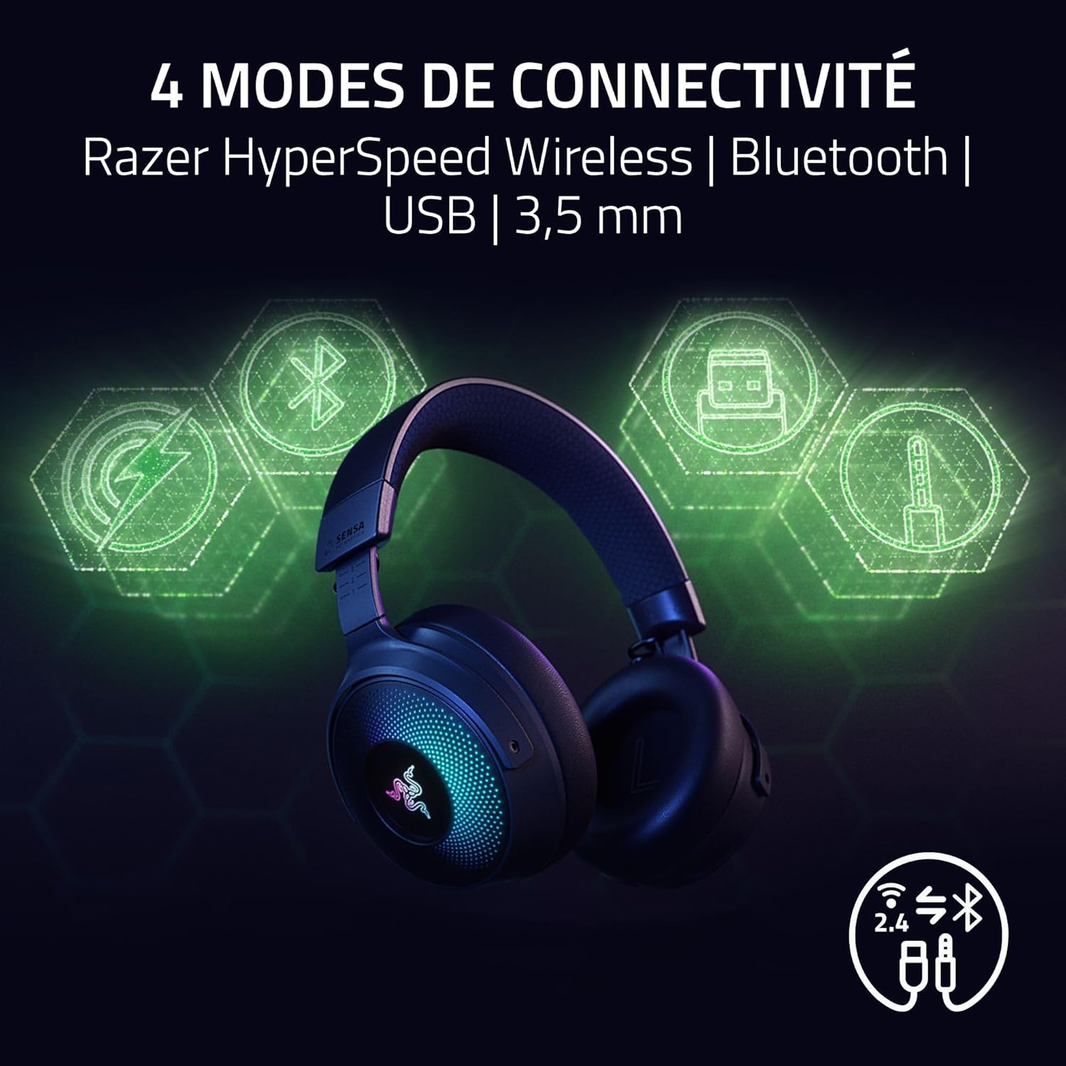 Razer Kraken V4 Pro - Casque de Jeu sans Fil avec hub de contrôle - Sensa HD haptics (hub de contrôle OLED, Triforce 40mm Drivers, HyperSpeed & Bluetooth, THX Spatial Audio, RGB) Noir – Image 8