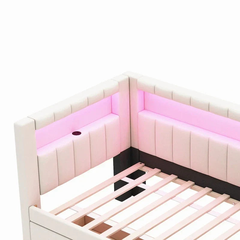 Upholstered Platform Bed with USB Ports & LED Lighting - Full/Twin Size Bed Frame with 2 Storage Drawers - Modern Bedroom – Image 10