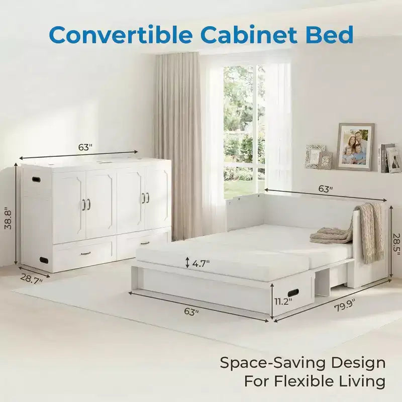 Mjkone Queen Size Convertible Murphy Cabinet Bed with Mattress, USB Charging, Storage Drawers – Image 34