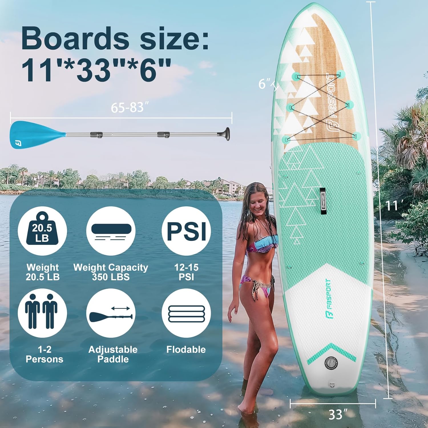 FBSPORT Planches à pagaie de 28,4 x 83,4 x 15,2 cm avec pompe électrique, planche à pagaie gonflable avec sac de transport, pont antidérapant, laisse, pagaie réglable pour jeunes et adultes débutants, – Image 2
