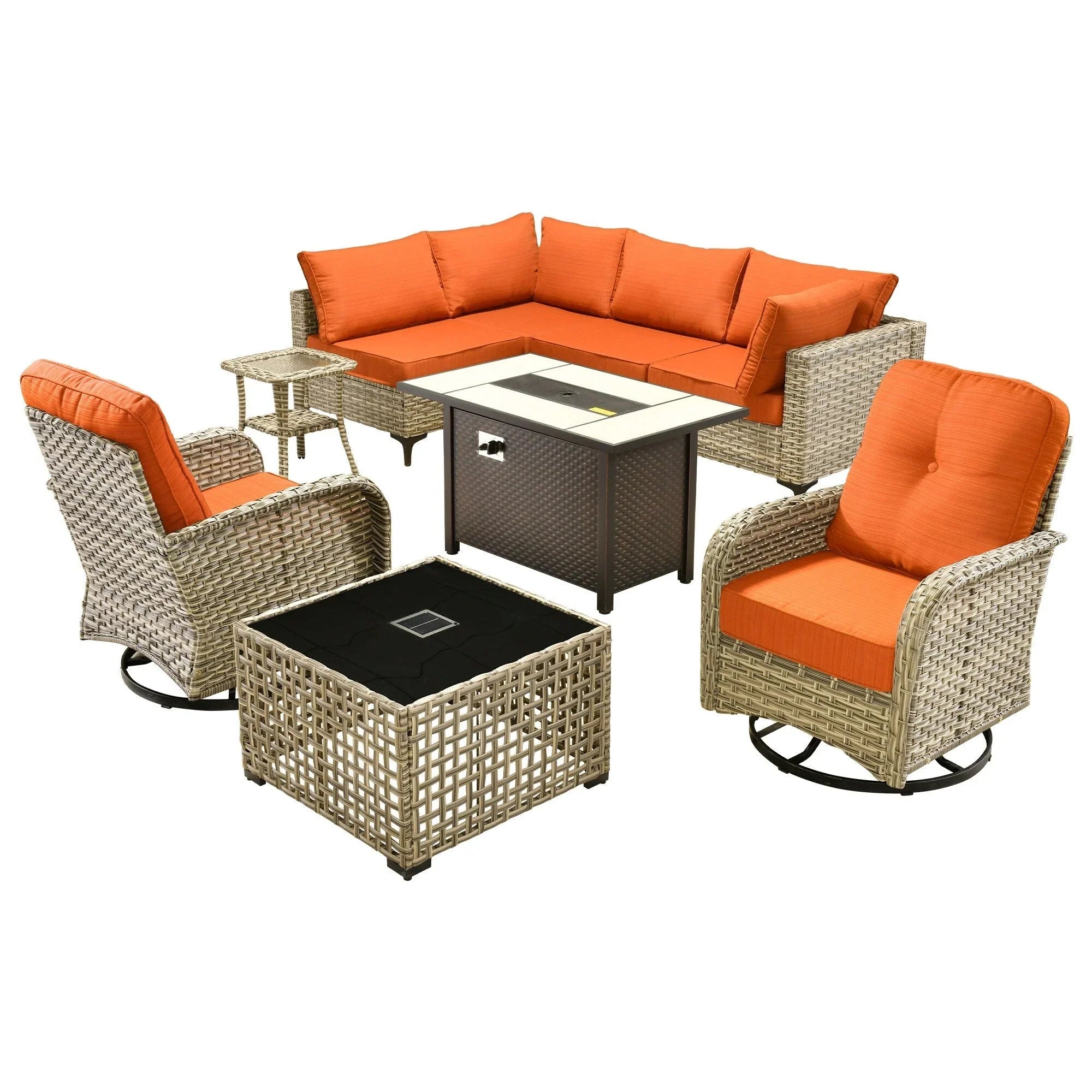 OVIOS 9 Pieces Outdoor Wicker Swivel Chair Set With Fire Table – Image 57