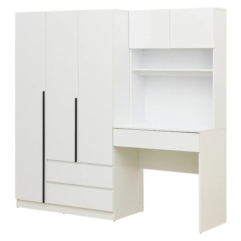 3-in-1 Wardrobe Closet with Vanity Desk, Desk Set, Bedroom Armoire with 2 Drawers 3-Door Storage Desk Wardrobe – Image 11