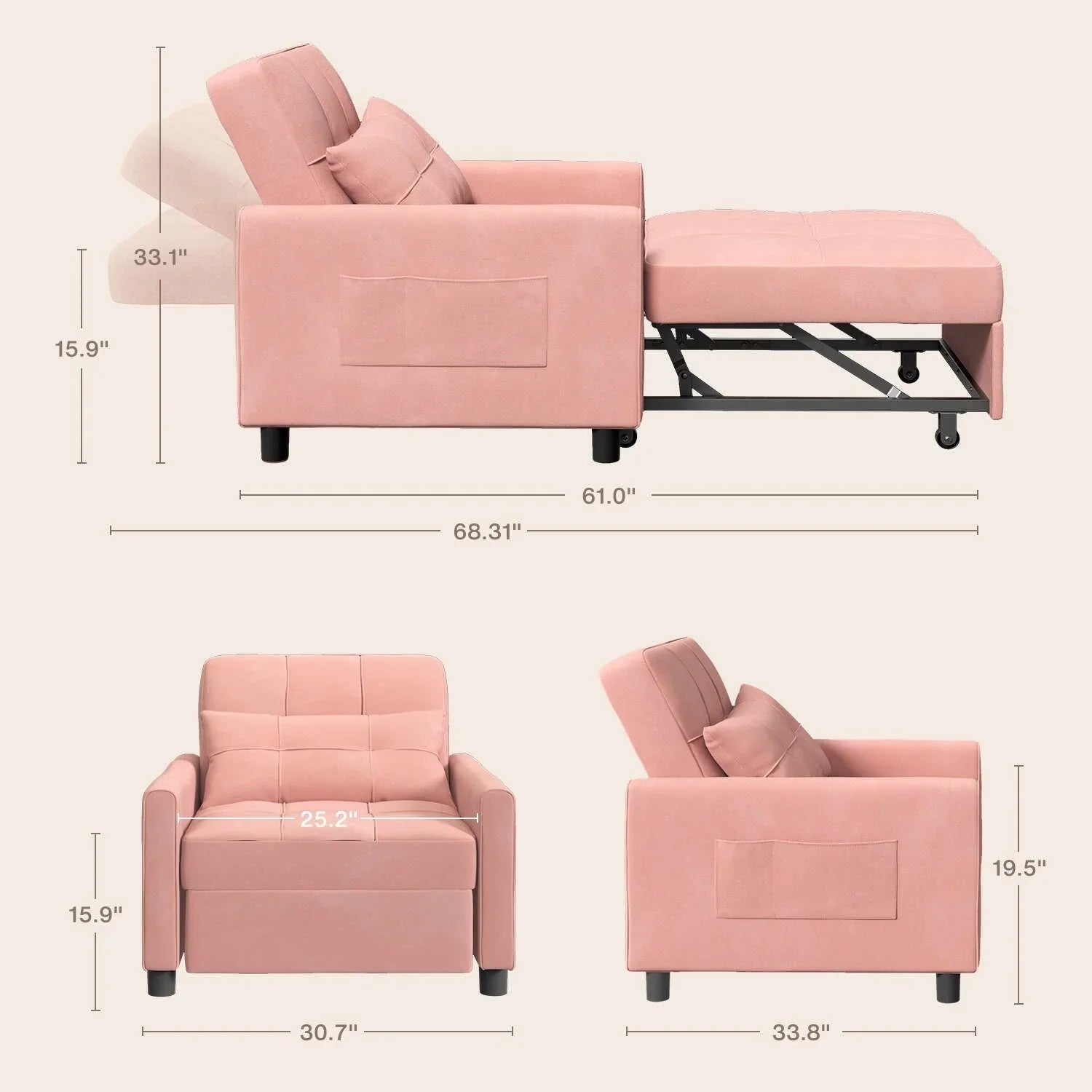 3-in-1 Adjustable Sleeper Sofa Bed, Pull Out Chair Sofa, Convertible Folding Bed for Living Room – Image 65