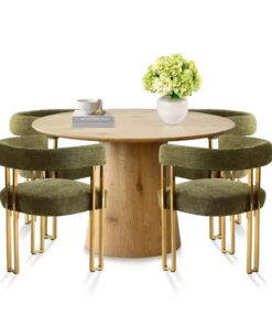 Expandable Round to Oval Dining Table Set with 4 Velvet Armchairs, Modern Pedestal Design, Seats Up to 8 People-Panipeachy