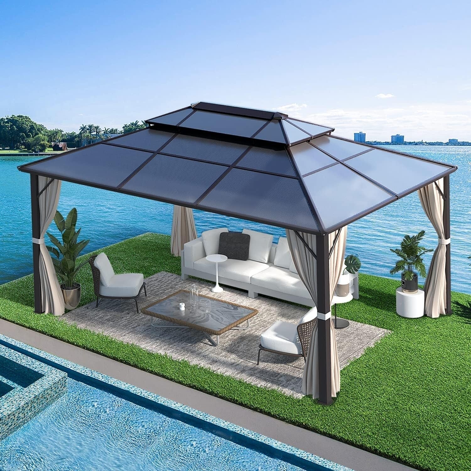 EROMMY Hardtop Gazebo,Outdoor Pergola with Double Roof & Netting & Curtains,Heavy Duty Canopy for Patio, Backyard, Pool party – Image 5