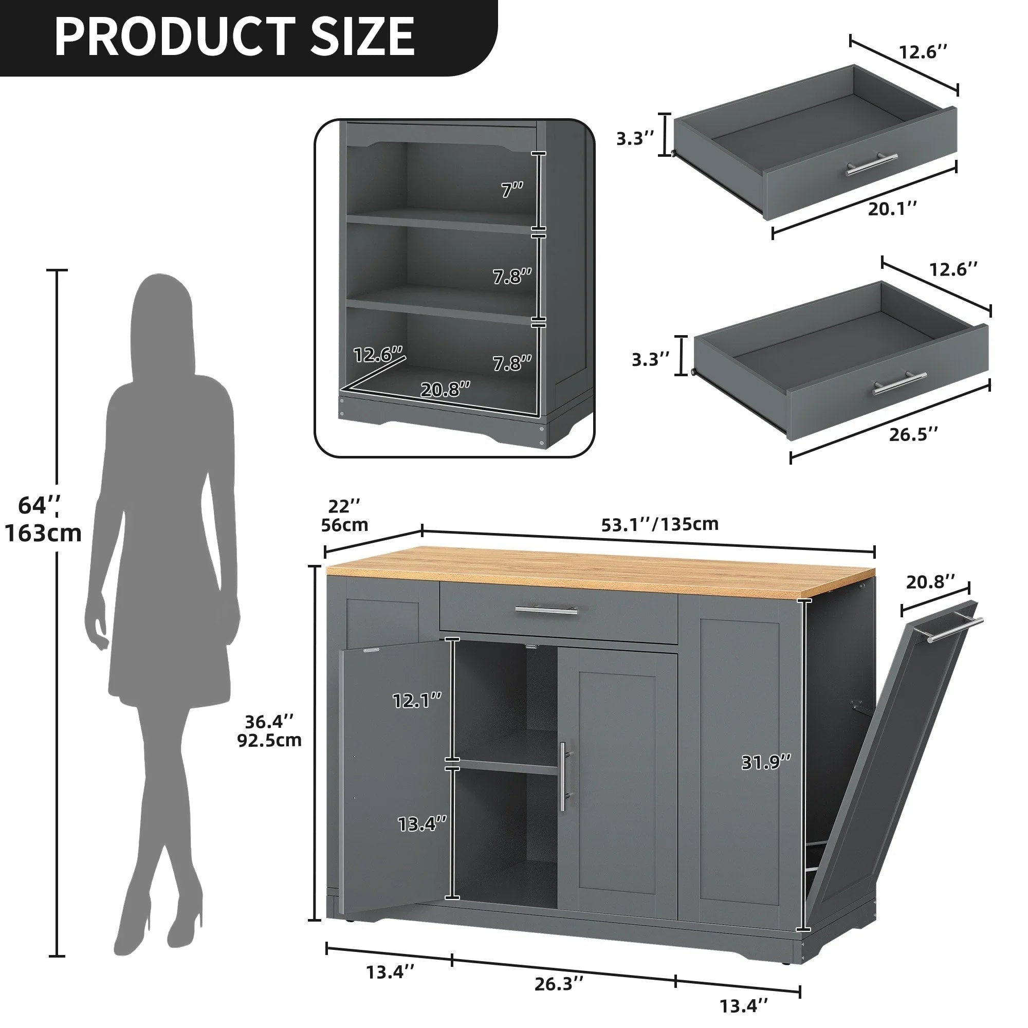 Moasis 53-inch Rolling Kitchen Island Storage Cabinet Portable Mobile Kitchen Cart – Image 20
