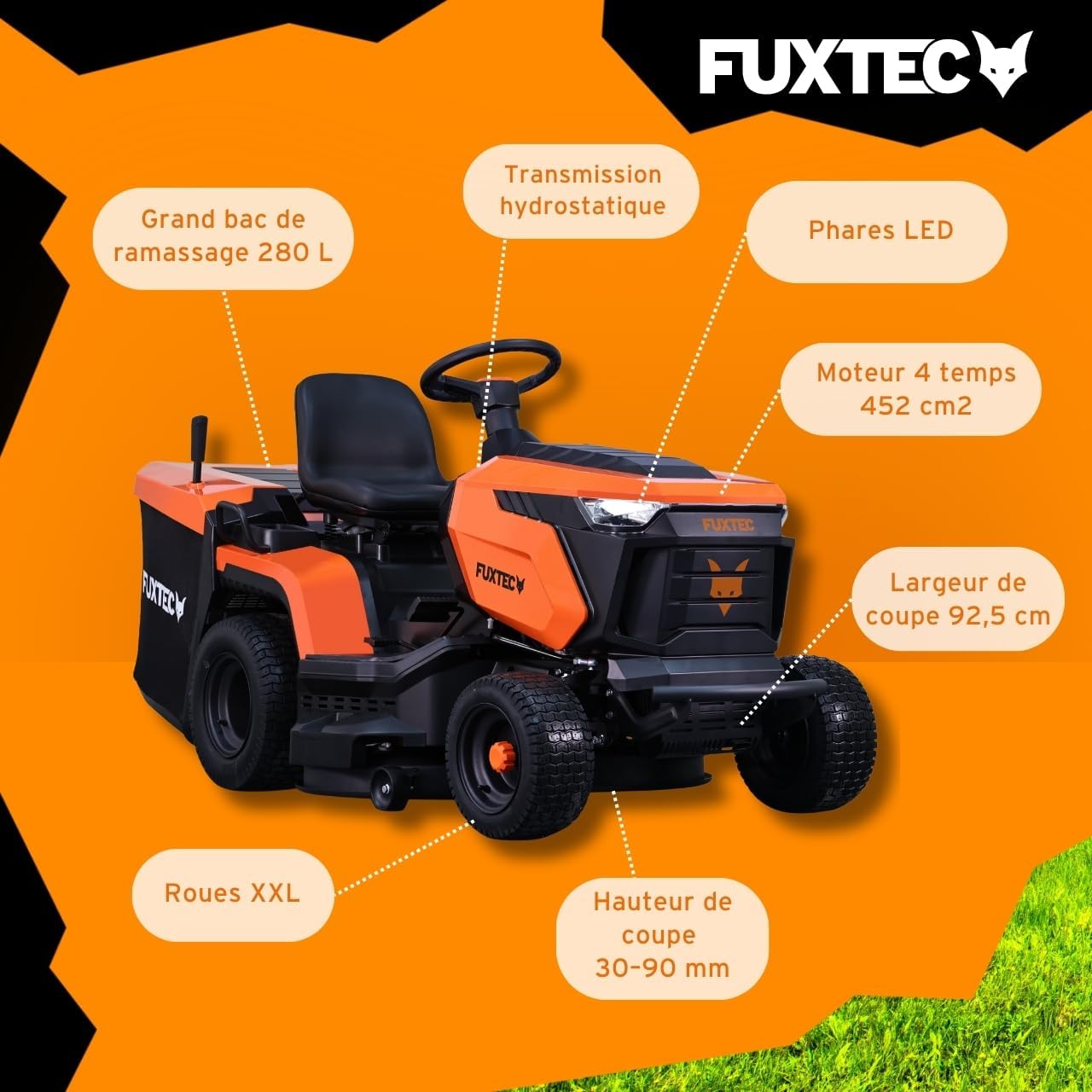 FUXTEC FX-RMT92A – Tondeuse autoportée hydrostatique – Tracteur de pelouse Essence 9,2 KW – Largeur de Coupe 92,5 cm – Bac 280 L – 6 hauteurs de Tonte – LED Automatique – Fonction Mulching intégrée – Image 6