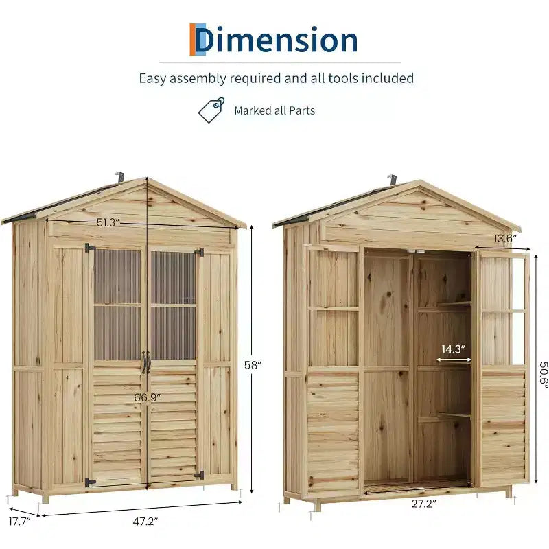 Weather-Resistant Wooden Patio Cabinet Fir Wood with Waterproof Roof, 6 Adjustable Shelves, Stakes & Anti-Falling Kits Ideal for Garden Tools – Image 6