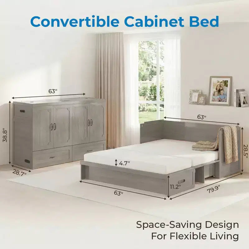 Mjkone Queen Size Convertible Murphy Cabinet Bed with Mattress, USB Charging, Storage Drawers – Image 43