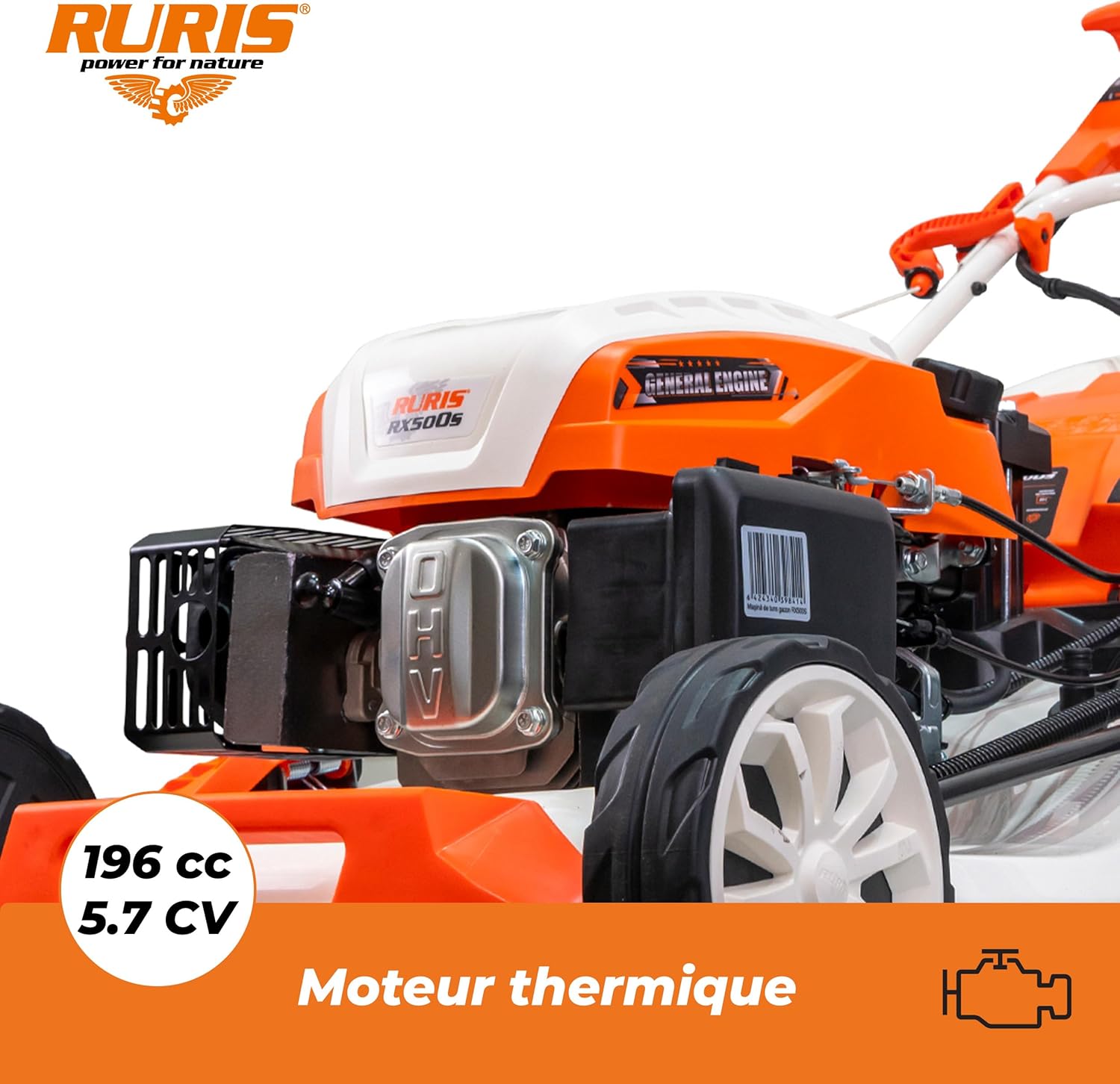 RURIS POWER FOR NATURE Tondeuse à Gazon Thermique 5 en 1 Mulching 5,7 CV 196cc RX500S, Orange – Image 6