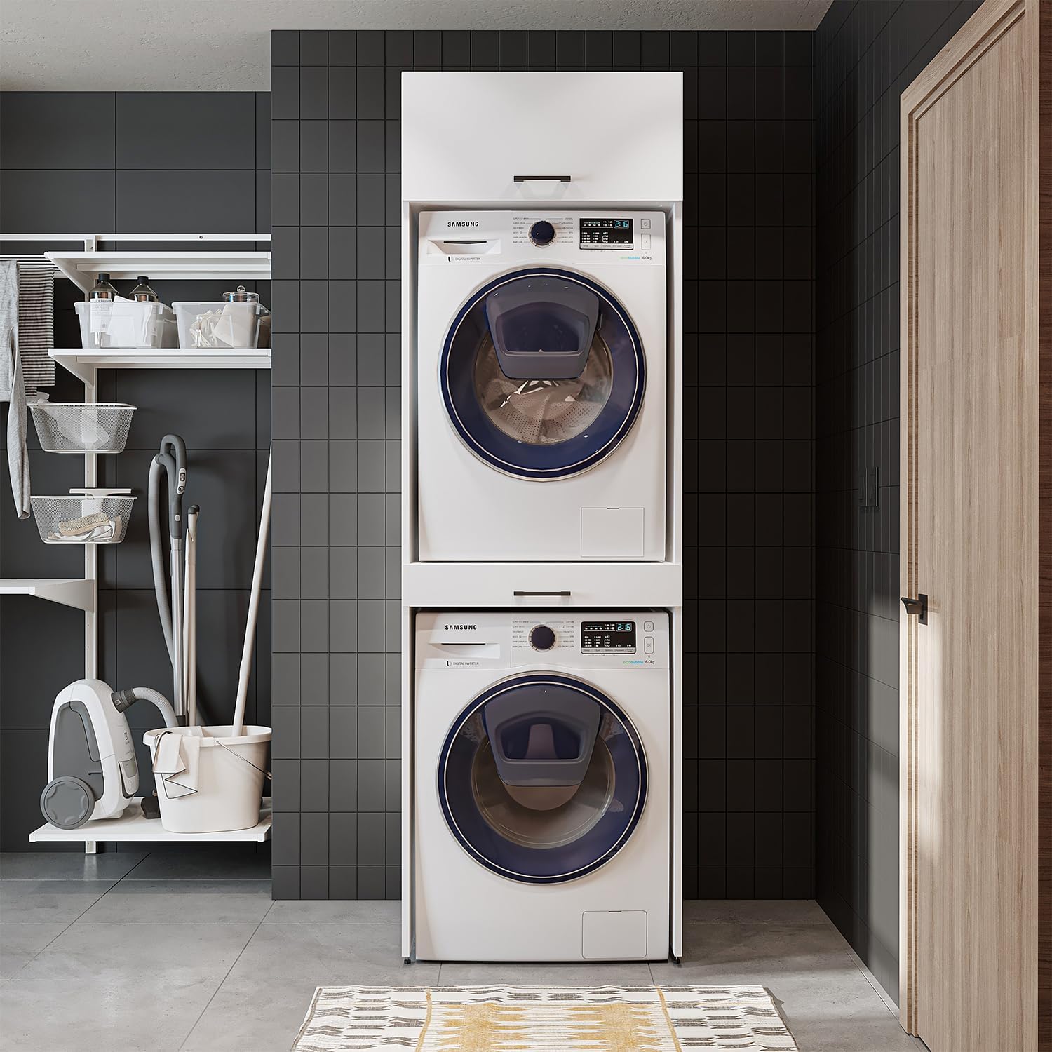 • Armoire de machine à laver pour sèche-linge et machine à laver • Avec planche coulissante • Blanc • Chêne noir • Armoire superposée (blanc, avec armoire pliante de 22 cm) – Image 5