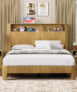 ModernLuxe Queen/Full XL Size Bed Frame with Storage Headboard, Built-in Charging Station, Wavy Design, Quiet Support
