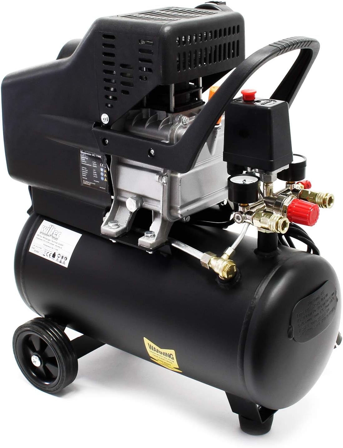 Wiltec Kit Compresseur d'air avec Réservoir de 24 l – 540 x 260 x 600 mm – 1100 W 1,5 CV – 206 l/min – Outil d’atelier Mobile avec Roues et Poignée – Avec 13 accessoires – Image 2