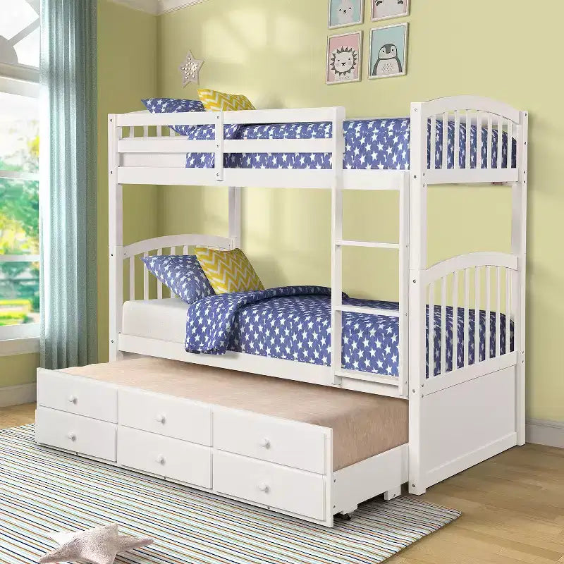 Twin Bunk Bed with Ladder, Safety Rail, Twin Trundle Bed with 3 Drawers for Teens Bedroom, Guest Room Furniture – Image 13