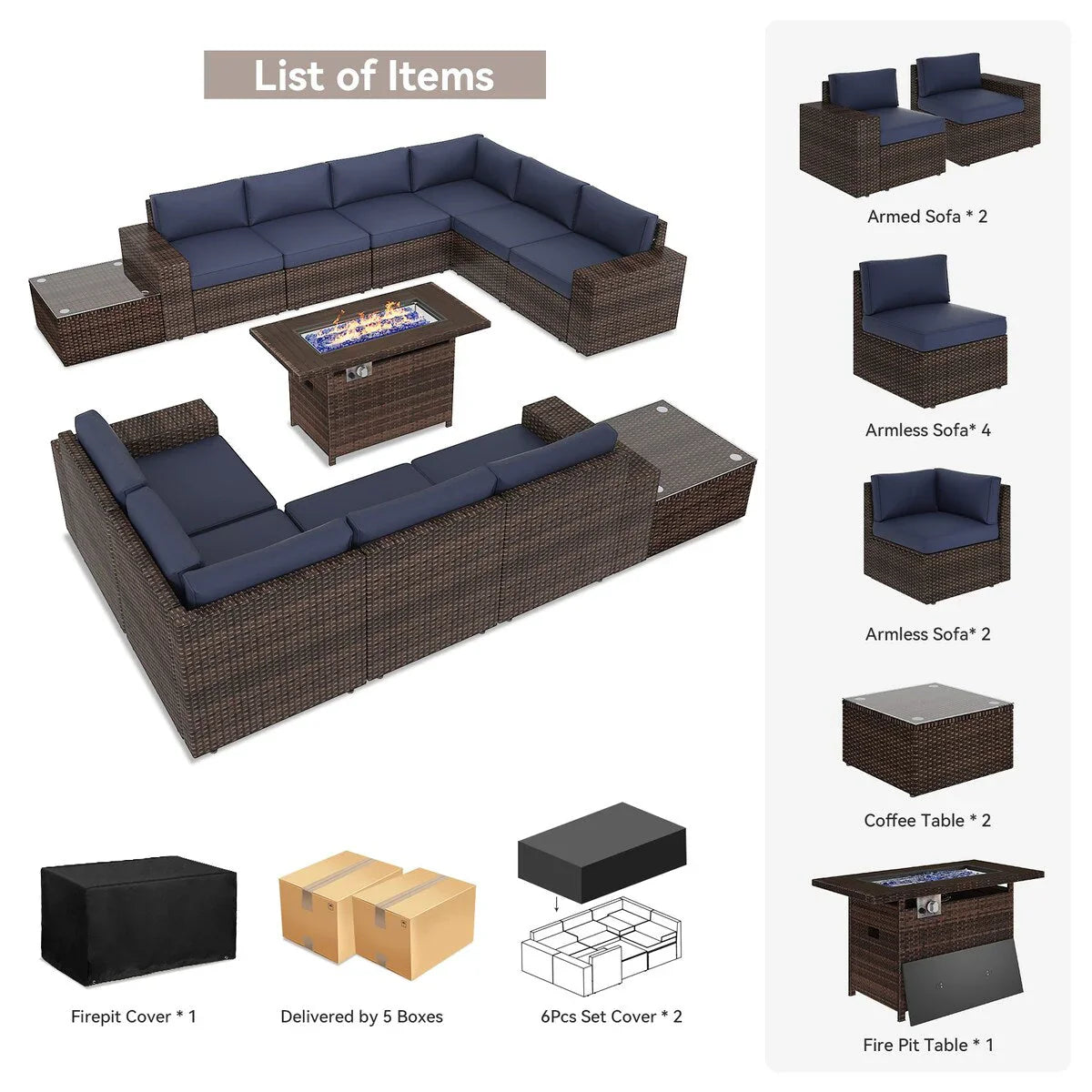 13 Pieces Patio Furniture Set with 44Fire Pit Table – Image 16