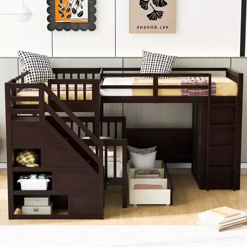 Whisen Modern Design Twin over Full L-Shaped Bunk Bed With 3 Drawers, Portable Desk and Wardrobe – Image 2