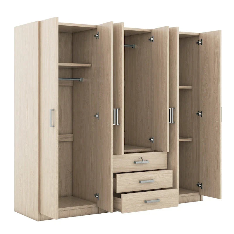 6-Doors Wooden Wardrobe Storage with 3 Big Drawers for Bedroom – Image 29