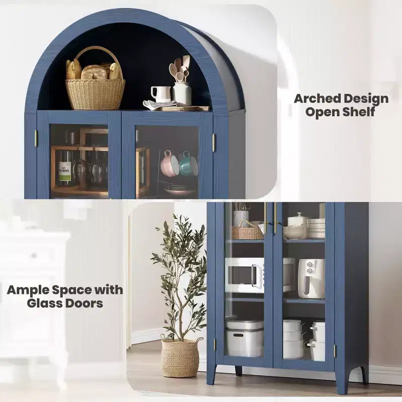 Tall Arched Storage Cabinet with Glass Doors, 5-Tier Display Bookcase with Adjustable Shelves for Kitchen or Living Room – Image 5