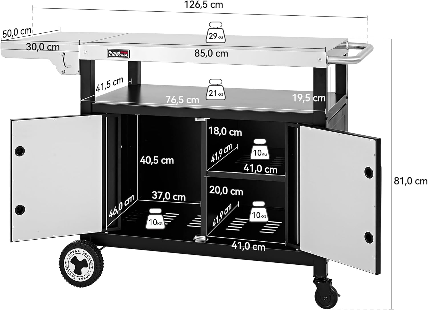 Royal Gourmet Chariot de Barbecue avec Porte d'Armoire, Desserte Extérieure pour Plancha avec Dessus de Table en Acier INOX 85 x 50cm et Table d'Appoint Pliable de 30 x 50cm, pour Cuisine et Jardin – Image 7