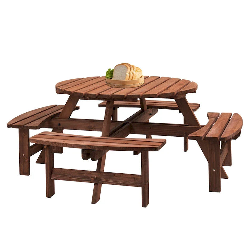 8-Person Outdoor Patio Fir Wood Round Picnic Dining Set with 4 Built-in Benches and Umbrella Hole – Image 11