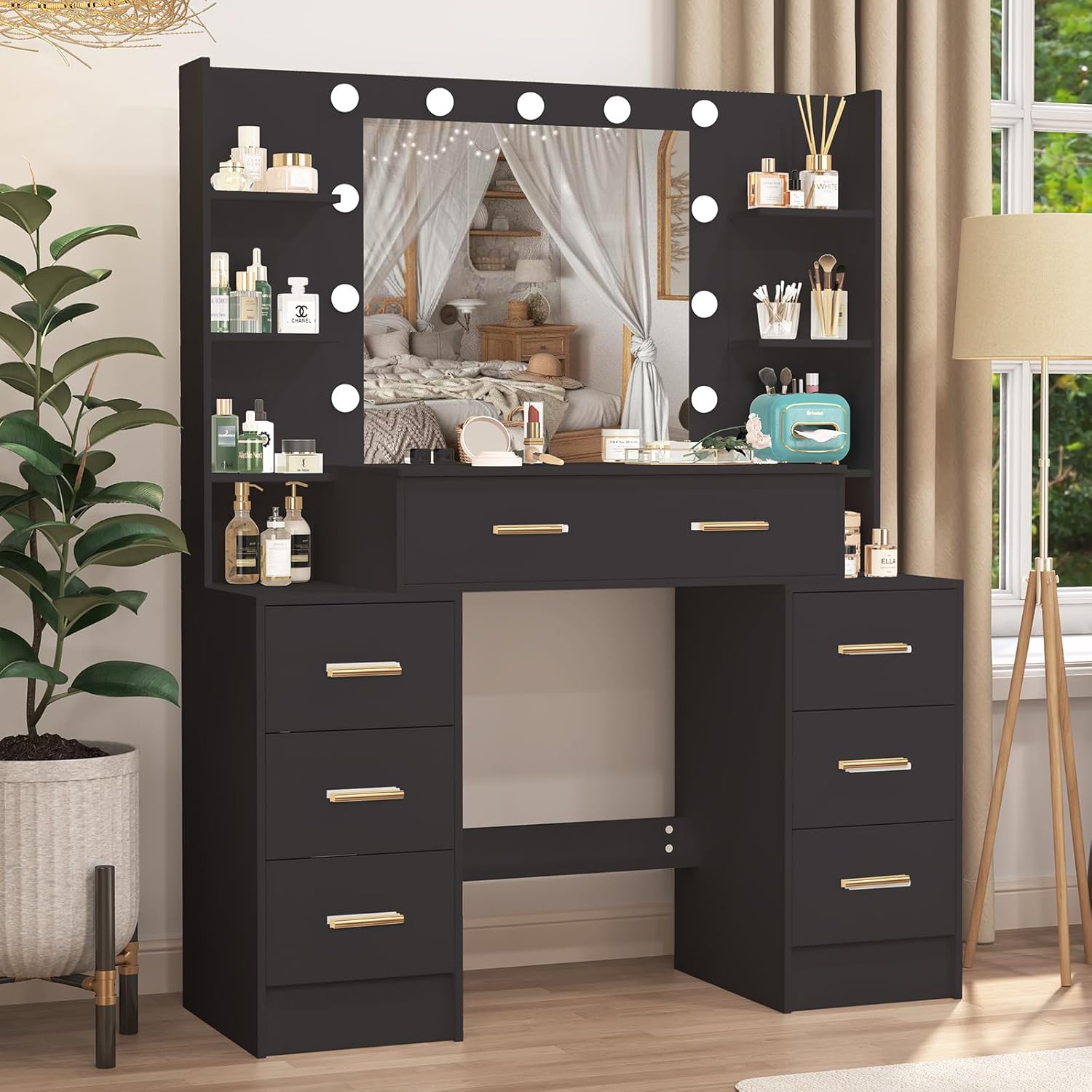Puselo Coiffeuse avec éclairage et miroir, 7 tiroirs, 8 étagères, pour chambre à coucher, 110 x 40 x 140 cm, noire