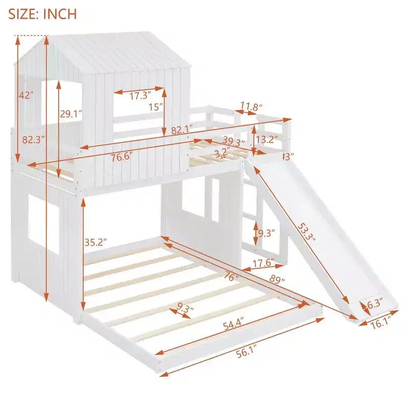 Luxystar Twin Over Full Wood Bunk Bed with Playhouse, Slide and Guardrails – Image 14
