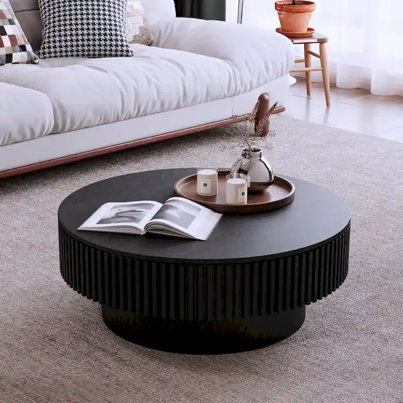 Modern Solid Wood Veneered Round Coffee Tea Table with Storage – Image 34