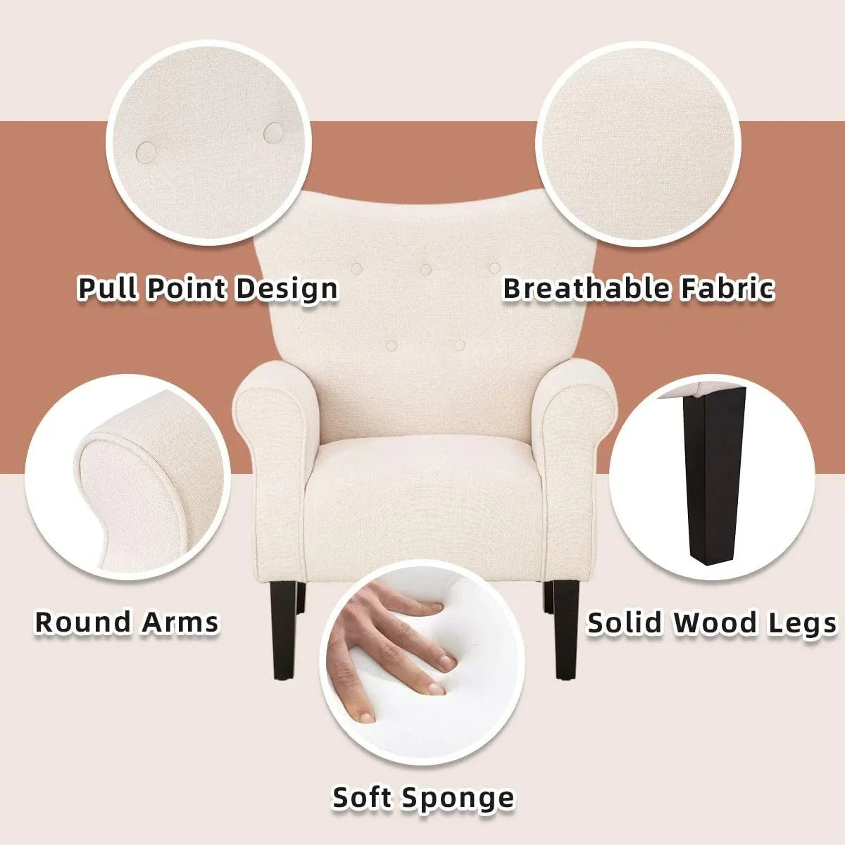 Erommy Modern Accent Chair, High Back Armchair, Upholstered Fabric Button Single Sofa with Wooden Legs for Living Room – Image 129