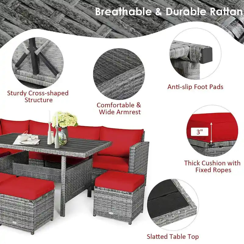 7 Pcs All-Weather Patio Rattan Dining Furniture Sectional Sofa Set with Wicker Ottoman and Cushed Couch – Image 28