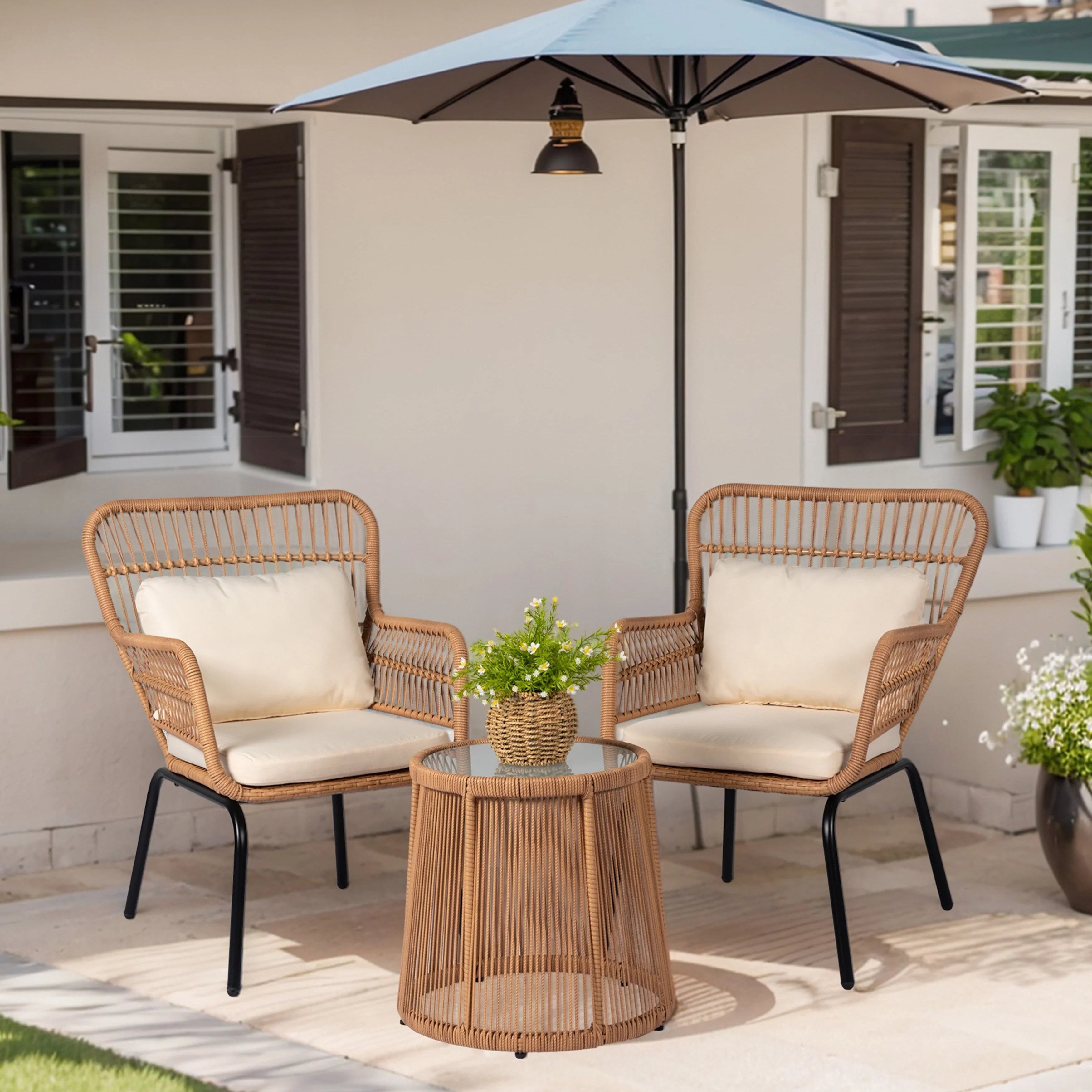 3 Piece Outdoor Wicker Conversation Bistro Set, All-Weather Rattan Furniture Patio Chairs Set with Cushions – Image 6
