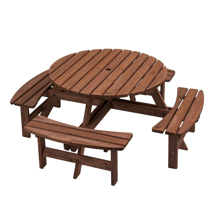 8-Person Outdoor Patio Fir Wood Round Picnic Dining Set with 4 Built-in Benches and Umbrella Hole – Image 13
