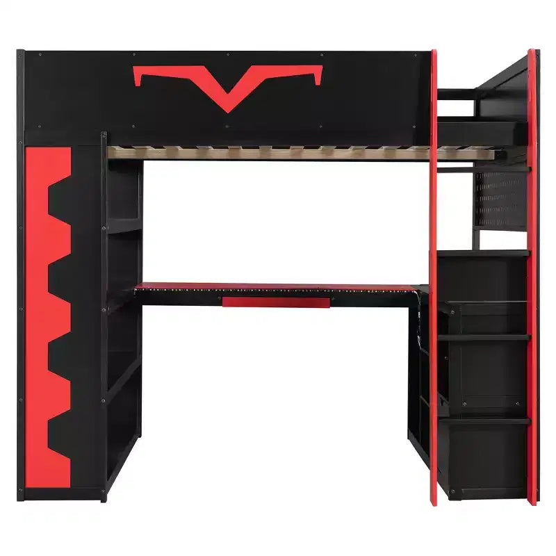 Luxystar Modern Gaming Full Loft Bed With Lighted Desk And Keyboard Tray, Pegboard, Storage Bookcase – Image 5