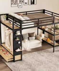 Alternative view of Full/Queen Size Metal Loft Bed Frame, All-In-One with Wardrobe, Storage Shelves & Pegboard, Black - ModernLuxe
