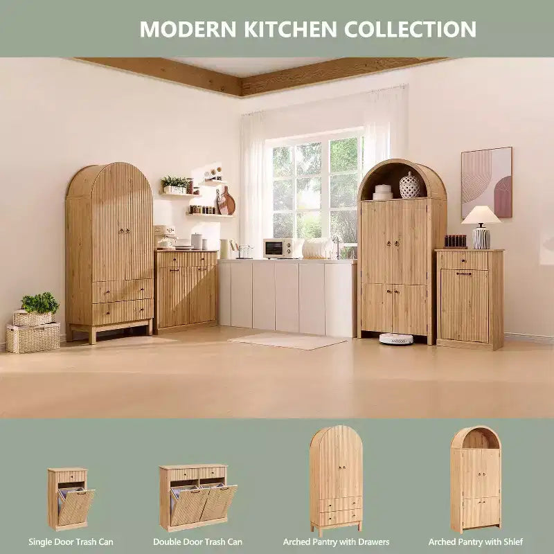 71 Tall Arched Kitchen Pantry, Modern Storage Cabinet with 3 Adjustable Shelves, 6 Door Shelves, for Kitchen, Living Room – Image 19