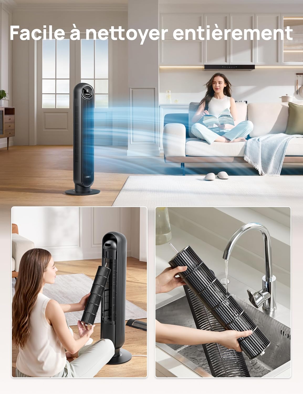 Dreo 20dB ventilateur colonne silencieux pour chambre, 7,6 m/s, oscillant à 90°, 92 cm, avec télécommande, ventilateurs tour équipés de 4 vitesses, 4 modes, et minuterie 8H, noir, Nomad One – Image 7