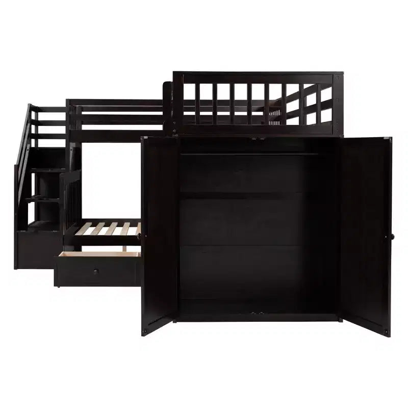 Whisen Modern Design Twin over Full L-Shaped Bunk Bed With 3 Drawers, Portable Desk and Wardrobe – Image 18