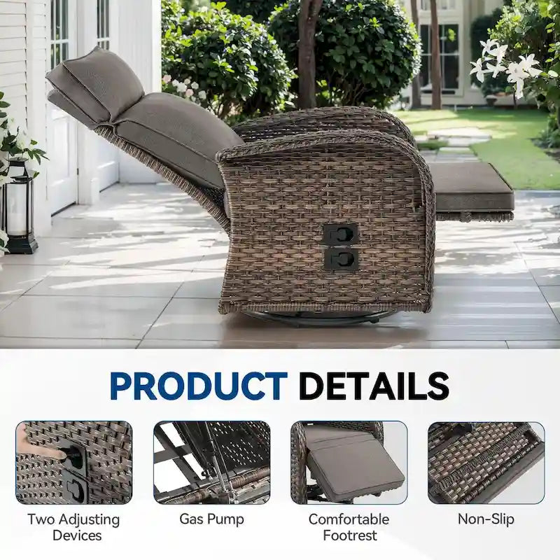 Pocassy 3PCS Versatile Outdoor Recliner Chair with Side Table Grey Cushion – Image 9