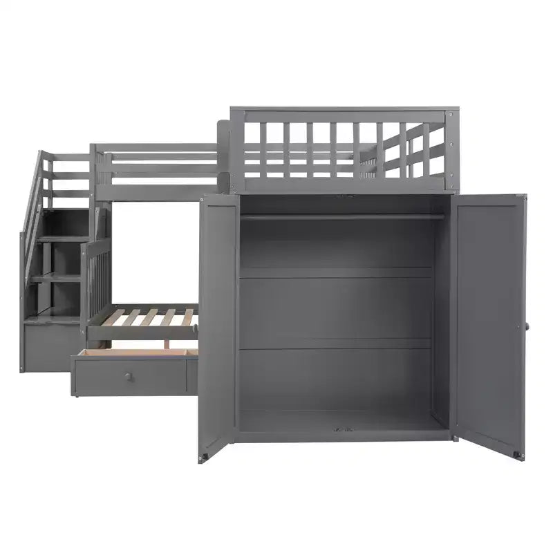 Whisen Modern Design Twin over Full L-Shaped Bunk Bed With 3 Drawers, Portable Desk and Wardrobe – Image 36