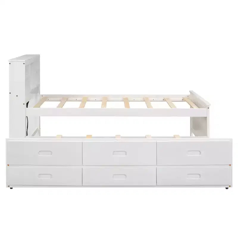 Platform Bed with Trundle and Drawers, Storage Platform Bed with USB, Wood Platform Bed with Bookcase – Image 21
