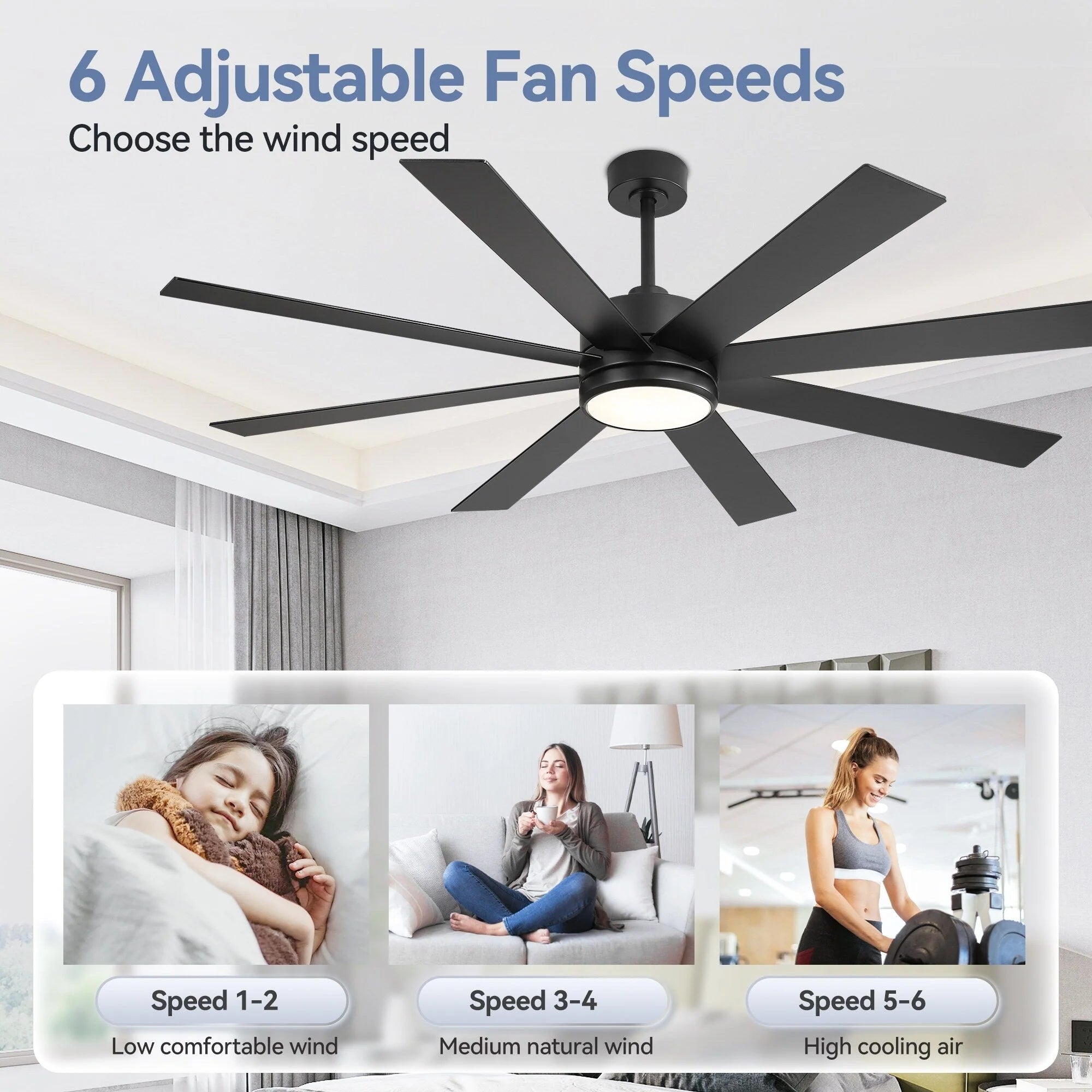 65 Inch 8-Blade Black LED Ceiling Fan with Light and Remote – Image 35