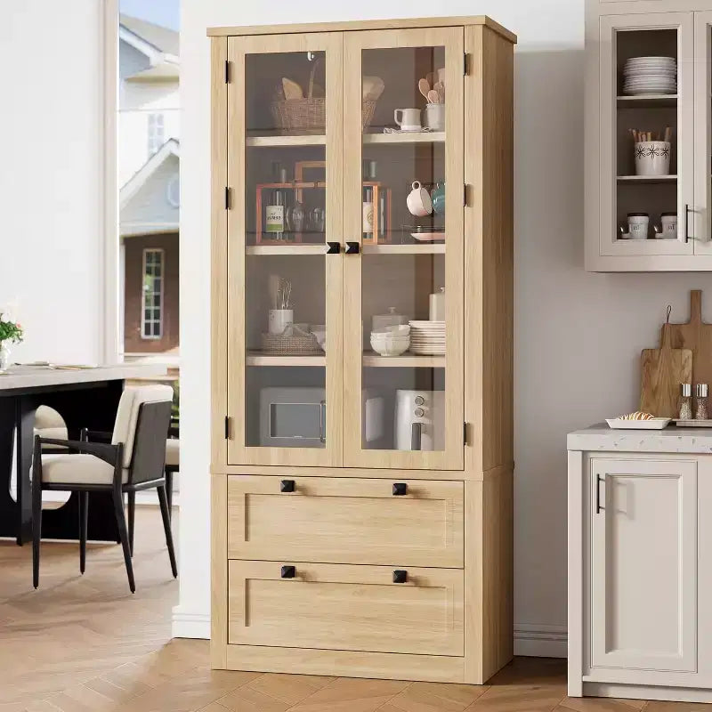 Farmhouse Kitchen Pantry Cabinet with Glass Doors, 72in Storage Cupboard with Drawers and Adjustable Shelves for Dining Room Bathroom Living Room – Image 3
