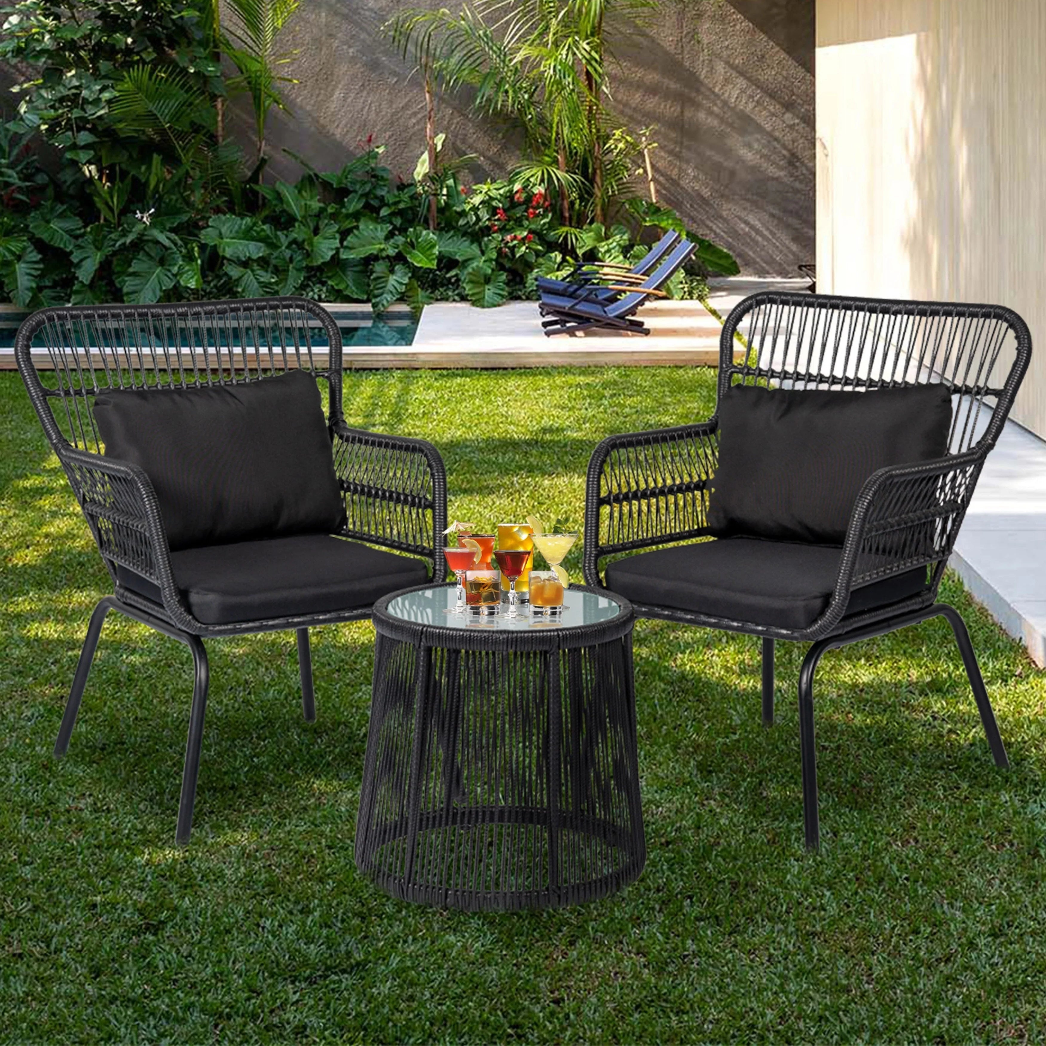 3 Piece Outdoor Wicker Conversation Bistro Set, All-Weather Rattan Furniture Patio Chairs Set with Cushions – Image 26