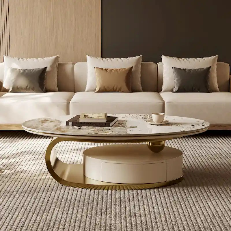 51 Modern Pandora Oval Coffee Table with Glossy Sintered stone top, Luxury Coffee Table, Stainless Steel Legs for Livingroom – Image 19